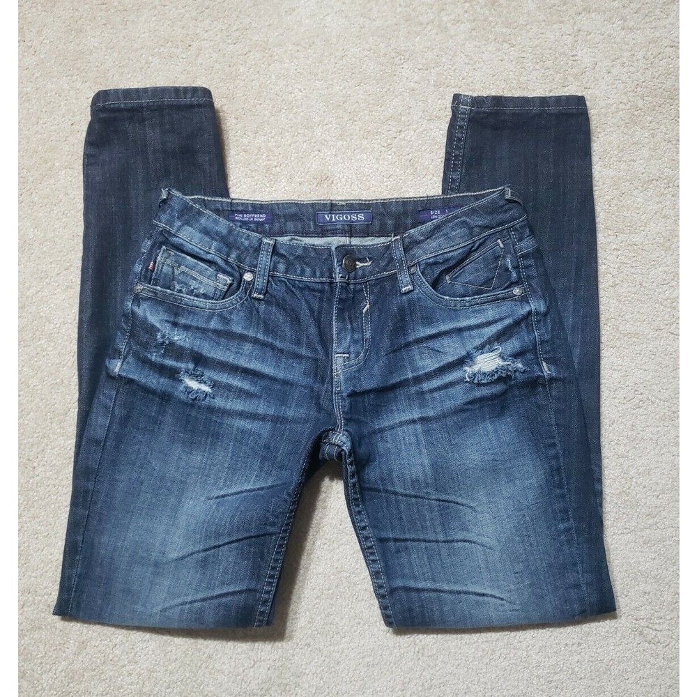 Vigoss Boyfriend Rolled Up Skinny Size 1 Distressed Denim Blue Jean Pant VGS EUC